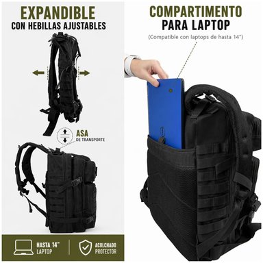 MOCHILA TÁCTICA MILITAR 45L SISTEMA MOLLE RESISTENTE IMPERMEABLE PARA CAMPING VIAJES TREKKING TRABAJO Y USO DIARIO - 4