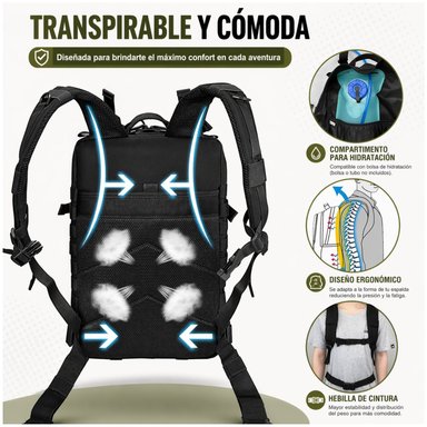 MOCHILA TÁCTICA MILITAR 45L SISTEMA MOLLE RESISTENTE IMPERMEABLE PARA CAMPING VIAJES TREKKING TRABAJO Y USO DIARIO - 6