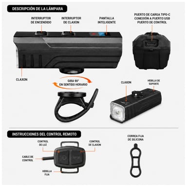 LUZ DELANTERA BICICLETA 1000LM RECARGABLE USB TIPO C CON CLAXÓN 120DB Y CONTROL REMOTO - 4