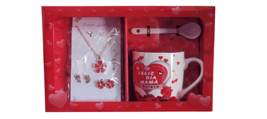 SET TAZA CON CUCHARITA LOZA ACERO + COLLAR Y 3 ARETES