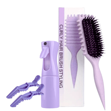 KIT DE DEFINICIÓN PARA EL CABELLO RIZADO COLOR LILA. PEINE CULY BOUNCE, ATOMIZADOR Y GANCHOS