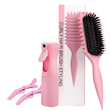 KIT DE DEFINICIÓN PARA EL CABELLO RIZADO COLOR ROSA. PEINE CULY BOUNCE, ATOMIZADOR Y GANCHOS