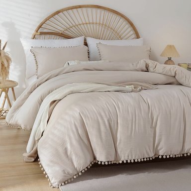 FUNDA PLUMÓN POMPÓN 100 % ALGODÓN BRAMANTE 1.5 PLZ BEIGE 200 HILOS