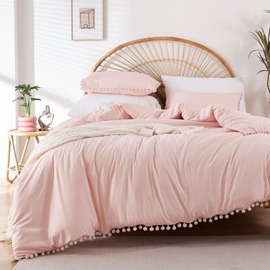 FUNDA PLUMÓN POMPÓN 100 % ALGODÓN BRAMANTE 2 PLZ ROSADO 200 HILOS