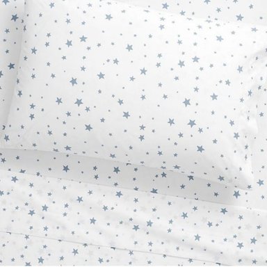 SET SÁBANAS 100 % ALGODÓN BRAMANTE CUNA BLANCO ESTRELLAS CELESTE