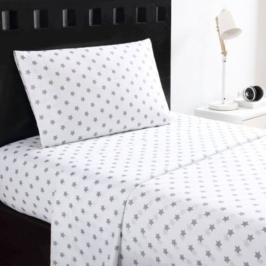 SET SÁBANAS 100 % ALGODÓN BRAMANTE CUNA BLANCO ESTRELLAS GRIS