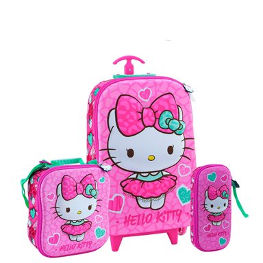 SET MOCHILA SCOOL HELLO KITTY OFICIO MALETA ESCALADORA NIÑAS FULL 3D ROSADO MATE