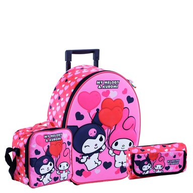 SET MOCHILA SCOOL KUROMI MY MELODY OFICIO MALETA RUEDAS NIÑA EVA 3D 3 PIEZAS ROSADO