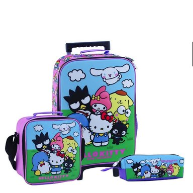 SET MOCHILA SCOOL HELLO KITTY AMIGOS OFICIO MALETA LONCHERA CARTUCHERA LILA CLARO