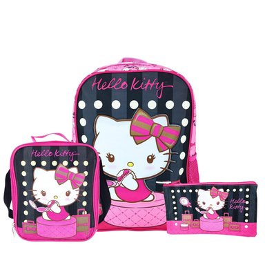 SET MOCHILA SCOOL HELLO KITTY OFICIO ESPALDA LONCHERA CARTUCHERA OFERTA NEGRO