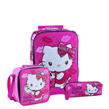SET MOCHILA SCOOL HELLO KITTY OFICIO MALETA CARRITO LONCHERA CARTUCHERA ROSADO