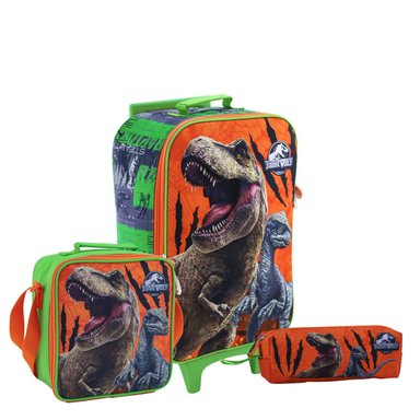 SET MOCHILA SCOOL JURASSIC PARK DINOSAURIOS OFICIO MALETA LONCHERA CARTUCHERA NARANJA