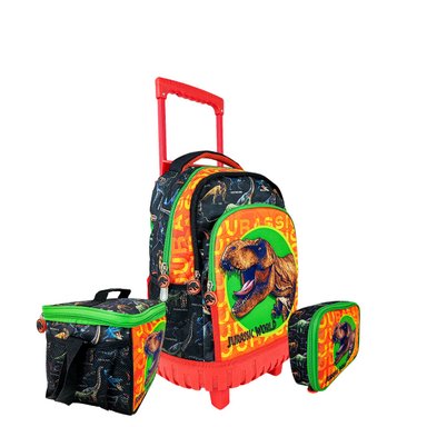 SET MOCHILA SCOOL JURASSIC PARK DINOSAURIOS OFICIO MOCHIRUEDAS PREMIUM NARANJA