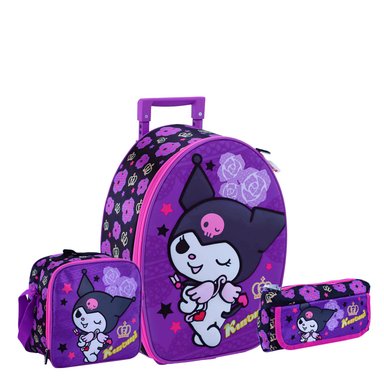 SET MOCHILA SCOOL KUROMI OFICIO MALETA RUEDAS LONCHERA CARTUCHERA EVA3D MORADO