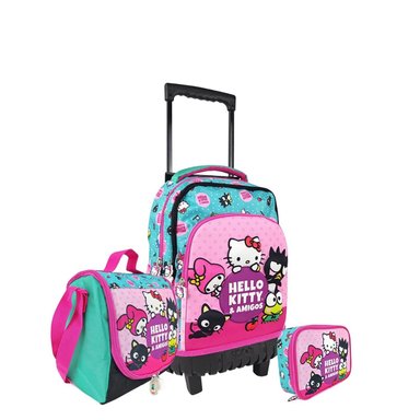 SET MOCHILA SCOOL HELLO KITTY AMIGOS OFICIO MOCHIRUEDAS PREMIUM 3 PZAS ROSADO BEBÉ