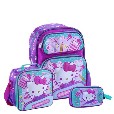 SET MOCHILA SCOOL HELLO KITTY MALETA ESPALDA REFORZADO CARTUCHERA LONCHERA AGUAMARINA
