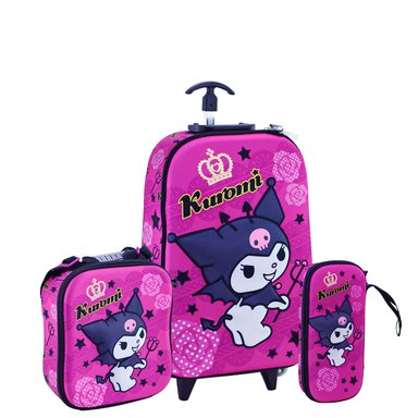 SET MOCHILA SCOOL KUROMI OFICIO MALETA ESCALADORA RUEDAS 3 PIEZAS EVA 3D GUINDA