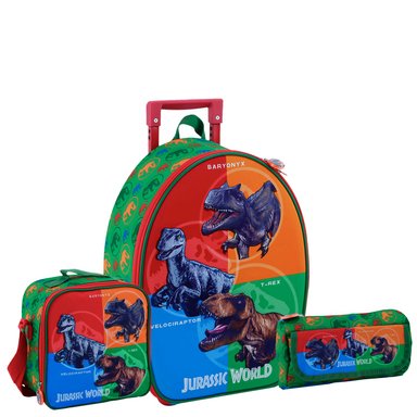 SET MOCHILA SCOOL JURASSIC PARK DINOSAURIOS OFICIO MALETA 3 PIEZAS EVA 3D CELESTE CLARO