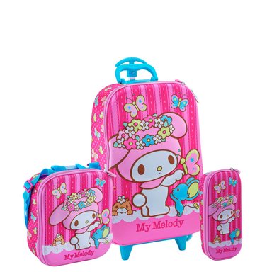 SET MOCHILA SCOOL MY MELODY OFICIO MALETA RUEDAS ESCALADORA NIÑA 3 PIEZAS ROSADO