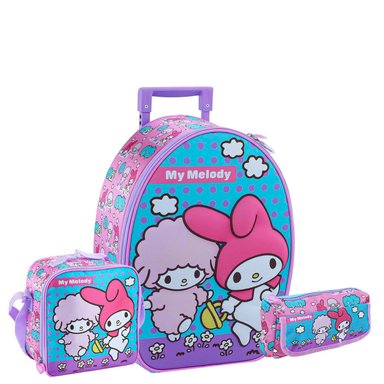 SET MOCHILA SCOOL MY MELODY OFICIO MALETA RUEDAS NIÑA EVA 3D 3 PIEZAS KAWAII CELESTE CLARO