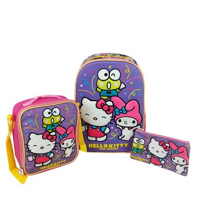 SET MOCHILA SCOOL HELLO KITTY AMIGOS ESPALDA OFICIO 3D 3 PIEZAS LILA CLARO