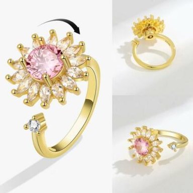 ANILLO GIRASOL GIRATORIO ANTIESTRÉS AJUSTABLE CON PIEDRA ROSA