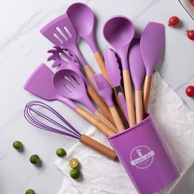 SET UTENSILIOS DE COCINA 12 PIEZAS SILICONA Y MADERA ANTIDESLIZANTE