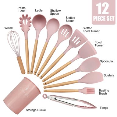 SET UTENSILIOS DE COCINA 12 PIEZAS SILICONA Y MADERA ANTIDESLIZANTE