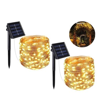 2 LUCES NAVIDEÑAS DECORATIVAS COLOR AMBAR CON PANEL SOLAR 10MTS