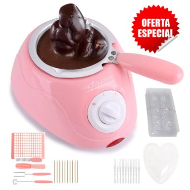 KIT OLLA CHOCOLATERA ELECTRICA ROSADA + UTENSILIOS + 7 ACETATOS
