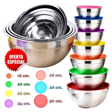7 BOWLS CON TAPA DE ACERO INOX. PARA COCINA REPOSTERIA DE ALTA CALIDAD