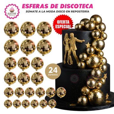 24 ESFERAS DECORATIVAS DE DISCOTECA COLOR DORADO PARA REPOSTERIA
