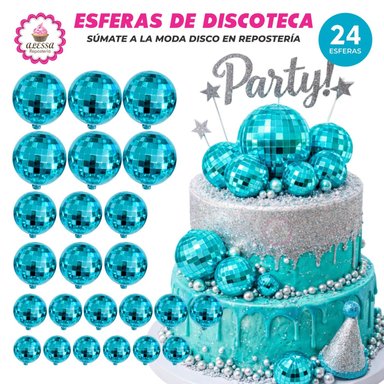 24 ESFERAS DECORATIVAS DE DISCOTECA COLOR TURQUESA PARA REPOSTERIA