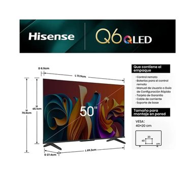TV HISENSE QLED 50 UHD 4K 50Q6N GOOGLE TV 2024 + RACK DE 1 BRAZO - 3
