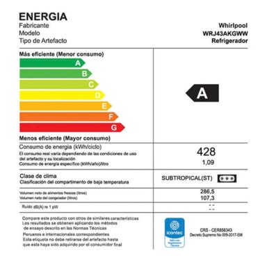 REFRIGERADORA WHIRLPOOL WRJ43AKGWW 394L TOP FREEZER NO FROST GRIS - 6