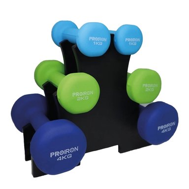SET MANCUERNAS PROIRON NEOPRENO 1KG  2KG Y 4KG + RACK