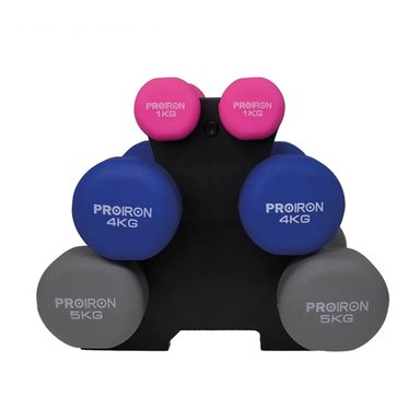 SET MANCUERNAS PROIRON NEOPRENO 1KG  4KG Y 5KG + RACK