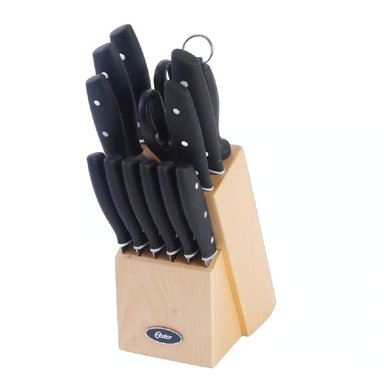 JUEGO DE CUCHILLOS OSTER 15 PIEZAS DE ACERO INOXIDABLE Y BASE DE MADERA 14378.15
