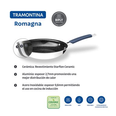 SARTÉN DE ACERO INOXIDABLE Y ALUMINIO CON CERÁMICA ROMAGNA NEGRO 25 CM