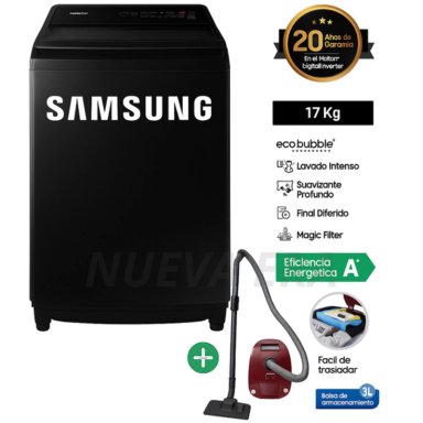 LAVADORA SAMSUNG 17KG ECOBUBBLE CARGA SUPERIOR WA17CG6441BVPE NEGRO + ASPIRADORA VCC4190V3KXZS 2000W