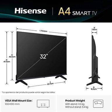 TELEVISOR HISENSE LED 32 SMART HD VIDAA 32A4NV 2025 - 2