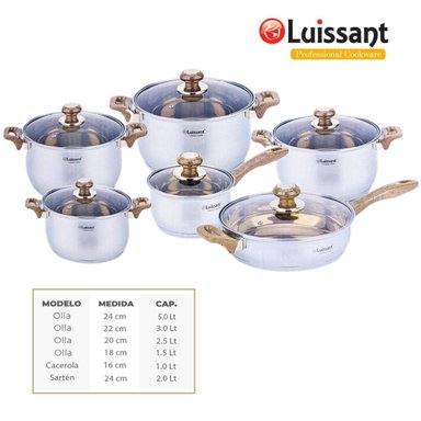 JUEGO DE OLLAS EN ACERO INOXIDABLE 12 PZAS LUISSANT LU-1205A - MA