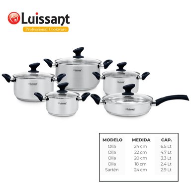 JUEGO DE OLLAS EN ACERO INOXIDABLE 10 PIEZAS LUISSANT LU-1004R
