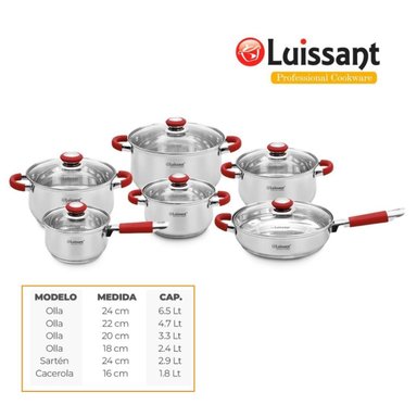 JUEGO DE OLLAS EN ACERO INOXIDABLE 12 PIEZAS LUISSANT LU-1206R