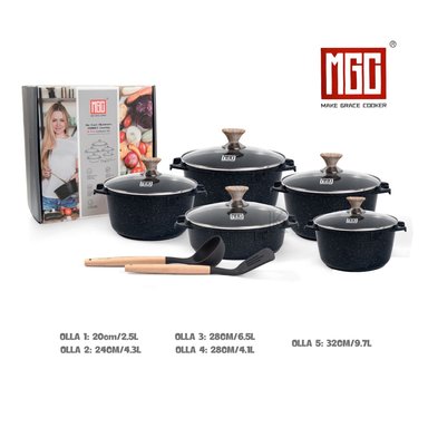 JUEGO DE OLLAS DE 12 PIEZAS MGC ROCA VOLCANICA NEGRO