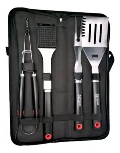 SET DE UTENSILIOS X 4 PARA PARRILLA BBQ CON MALETA DE NYLON