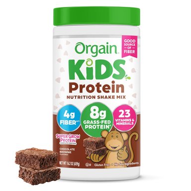 ORGAIN POLVO DE PROTEÍNA PARA NIÑOS PARA BATIDOS, BROWNIE DE CHOCOLATE - 8G DE PROTEÍNA DE LECHE ALIMENTADA CON PASTO, 4G DE FIBR