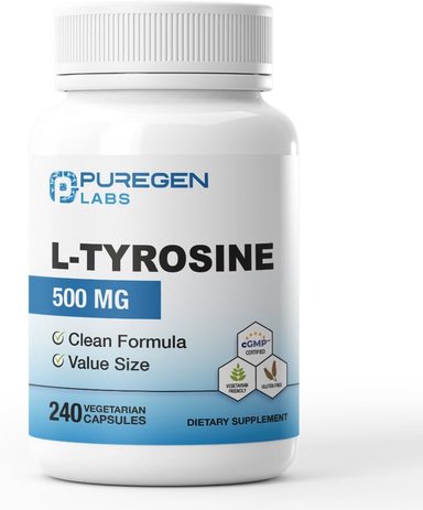 PUREGEN LABS L-TIROSINA DE 500 MG, 240 CÁPSULAS VEGETALES | SIN ADITIVOS NOCIVOS | SIN OMG, VEGANO, SIN GLUTEN, SIN LÁCTEOS - 240