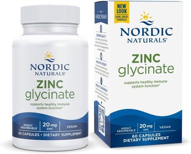 NORDIC NATURALS GLICINATO DE ZINC - 60 CÁPSULAS - 20 MG DE GLICINATO DE ZINC ALTAMENTE ABSORBIBLE - BIENESTAR ÓPTIMO - SIN OMG, S