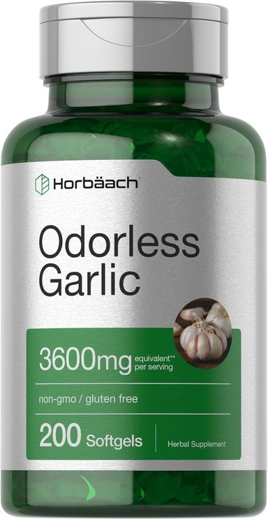HORBÄACH CÁPSULAS BLANDAS DE AJO SIN OLOR 3600 MG | 200 UNIDADES | EXTRACTO DE AJO ULTRA POTENTE | SUPLEMENTO SIN OMG Y SIN GLUTE